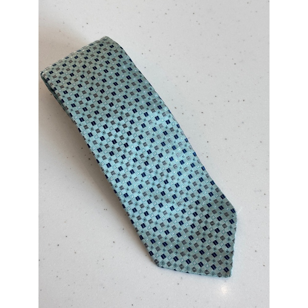 Haspel Mens Silk Necktie Aqua Blue Silver Geometric Square Pattern Business Tie